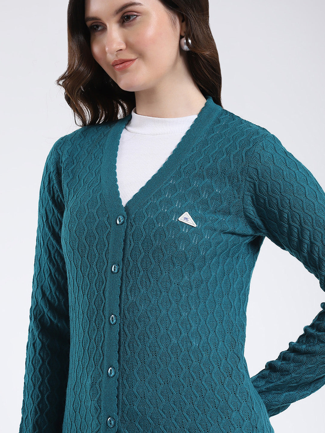 Women Teal Blue Self Design V Neck Full Sleeve Cardigan