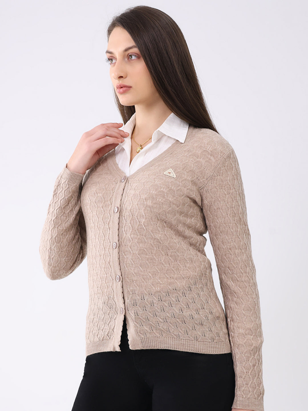 Women Beige Solid V Neck Full Sleeve Cardigan