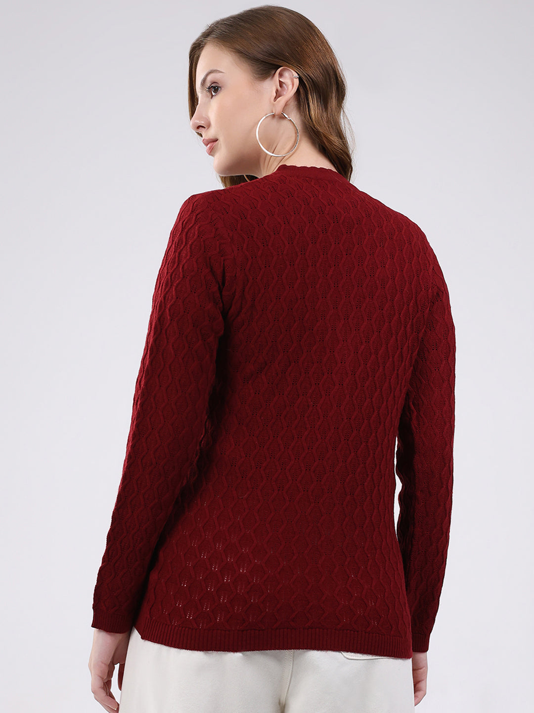 Women Maroon Self Design V Neck Full Sleeve Cardigan
