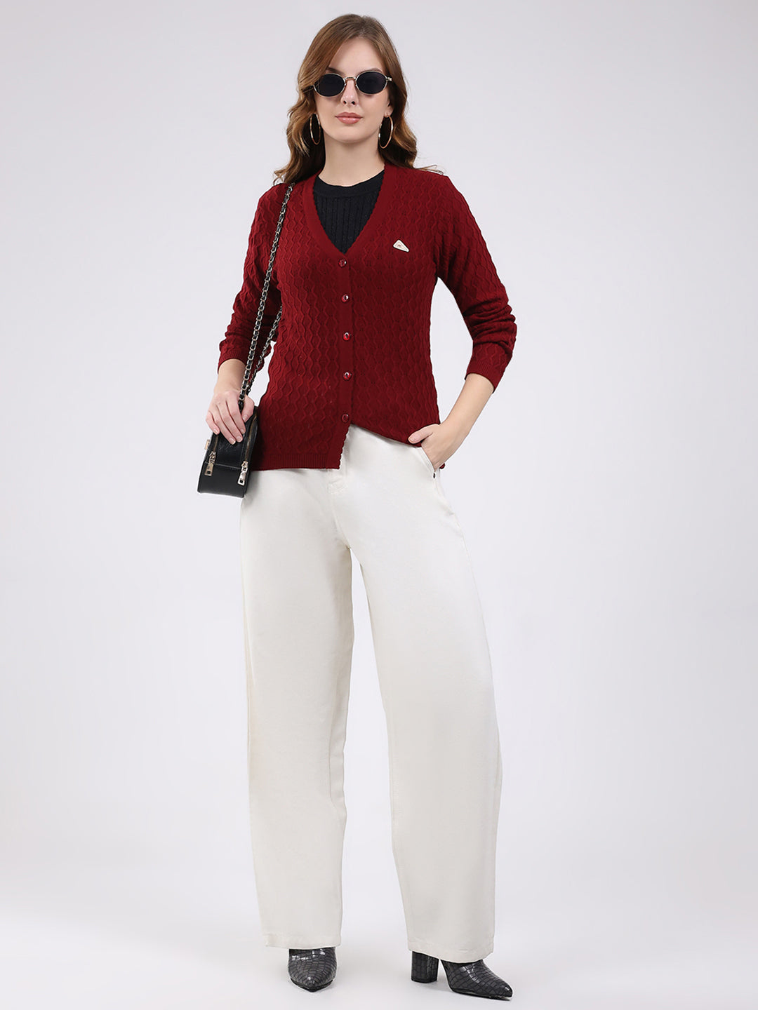 Women Maroon Self Design V Neck Full Sleeve Cardigan