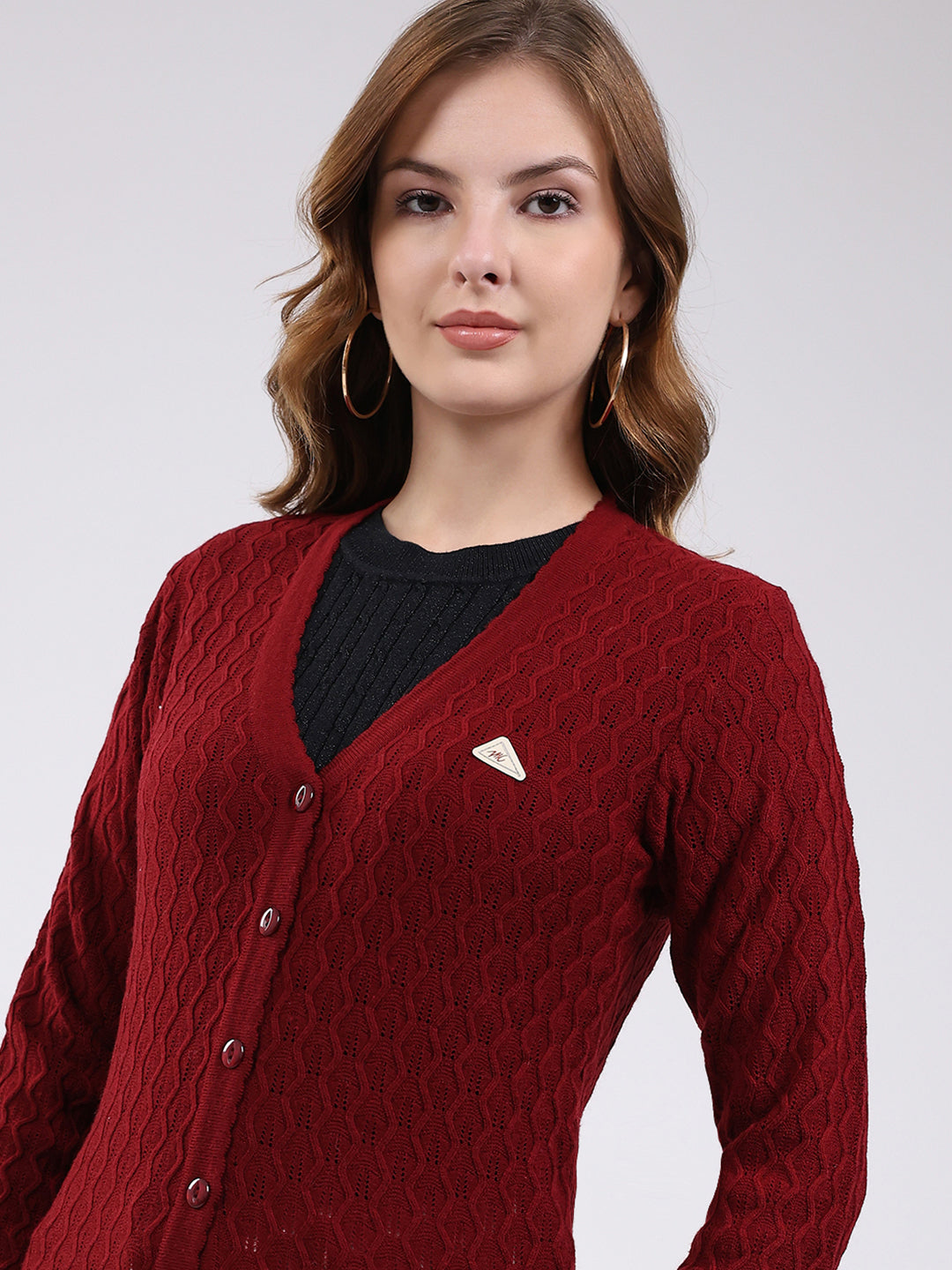 Women Maroon Self Design V Neck Full Sleeve Cardigan