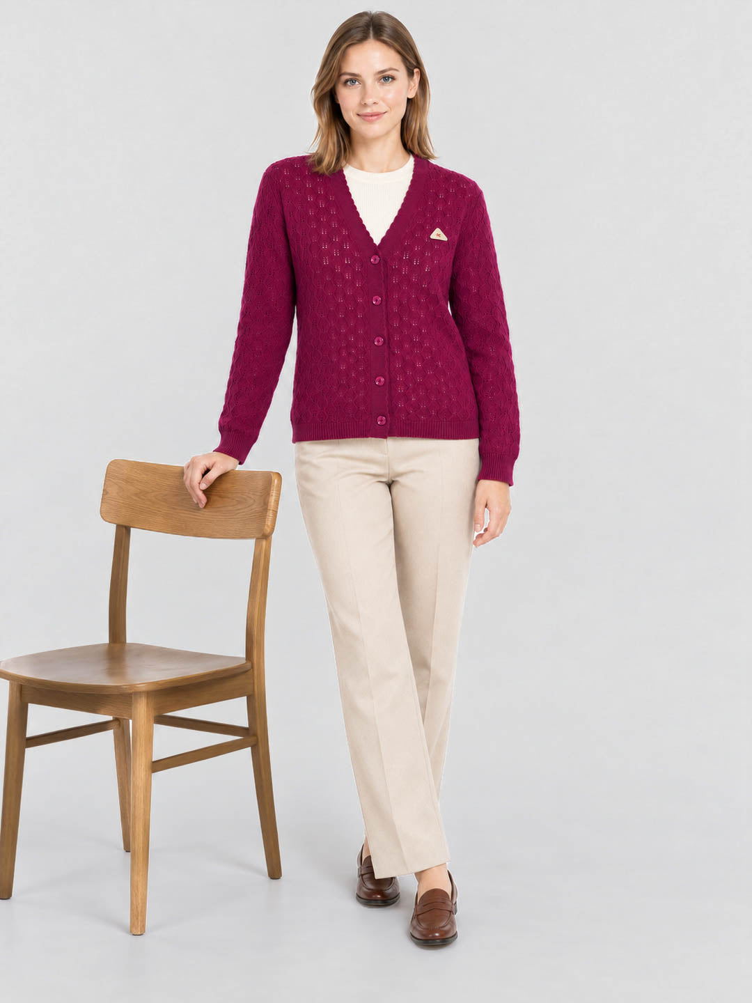 Women Magenta Self Design V Neck Full Sleeve Cardigan