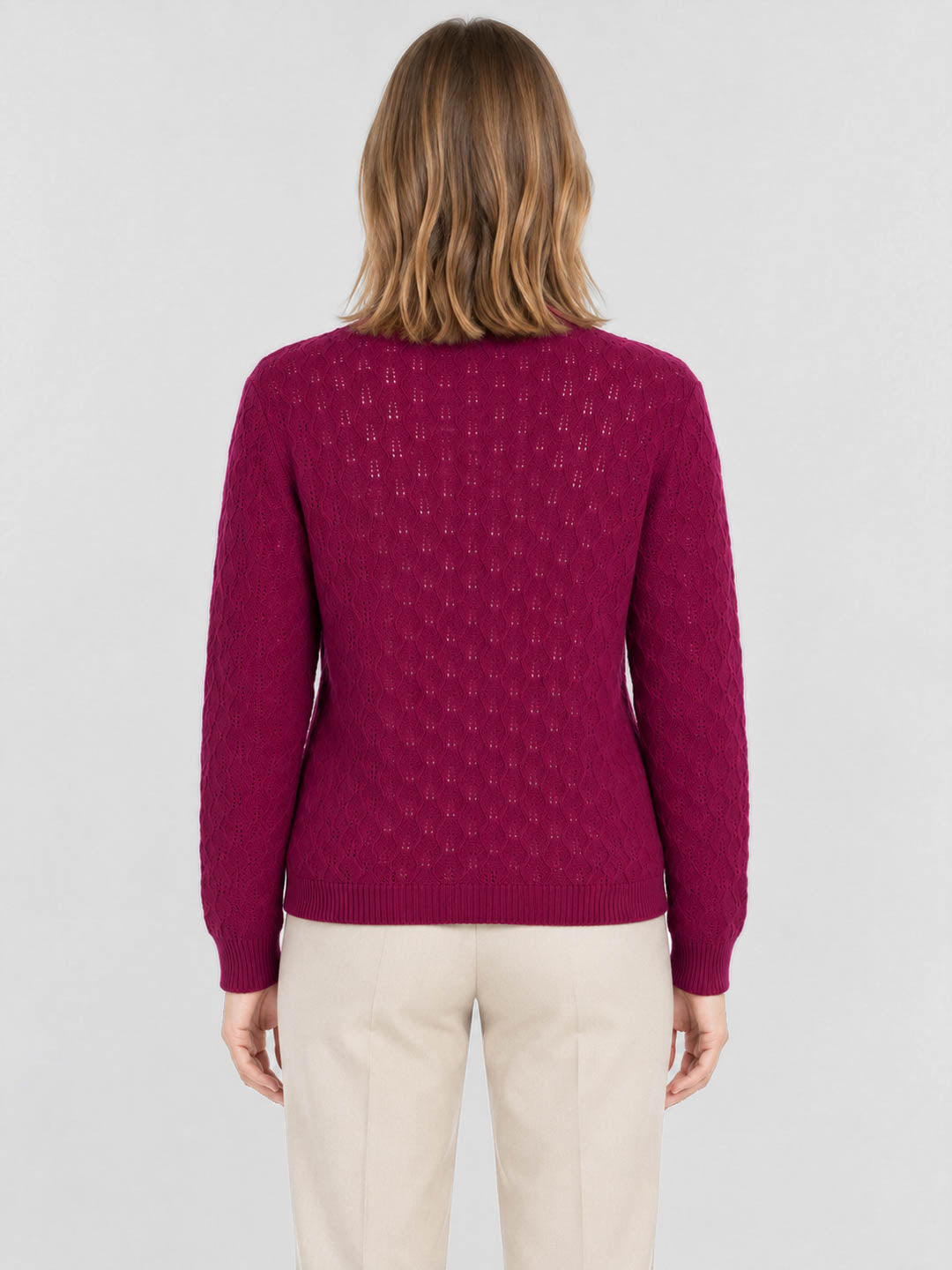Women Magenta Self Design V Neck Full Sleeve Cardigan