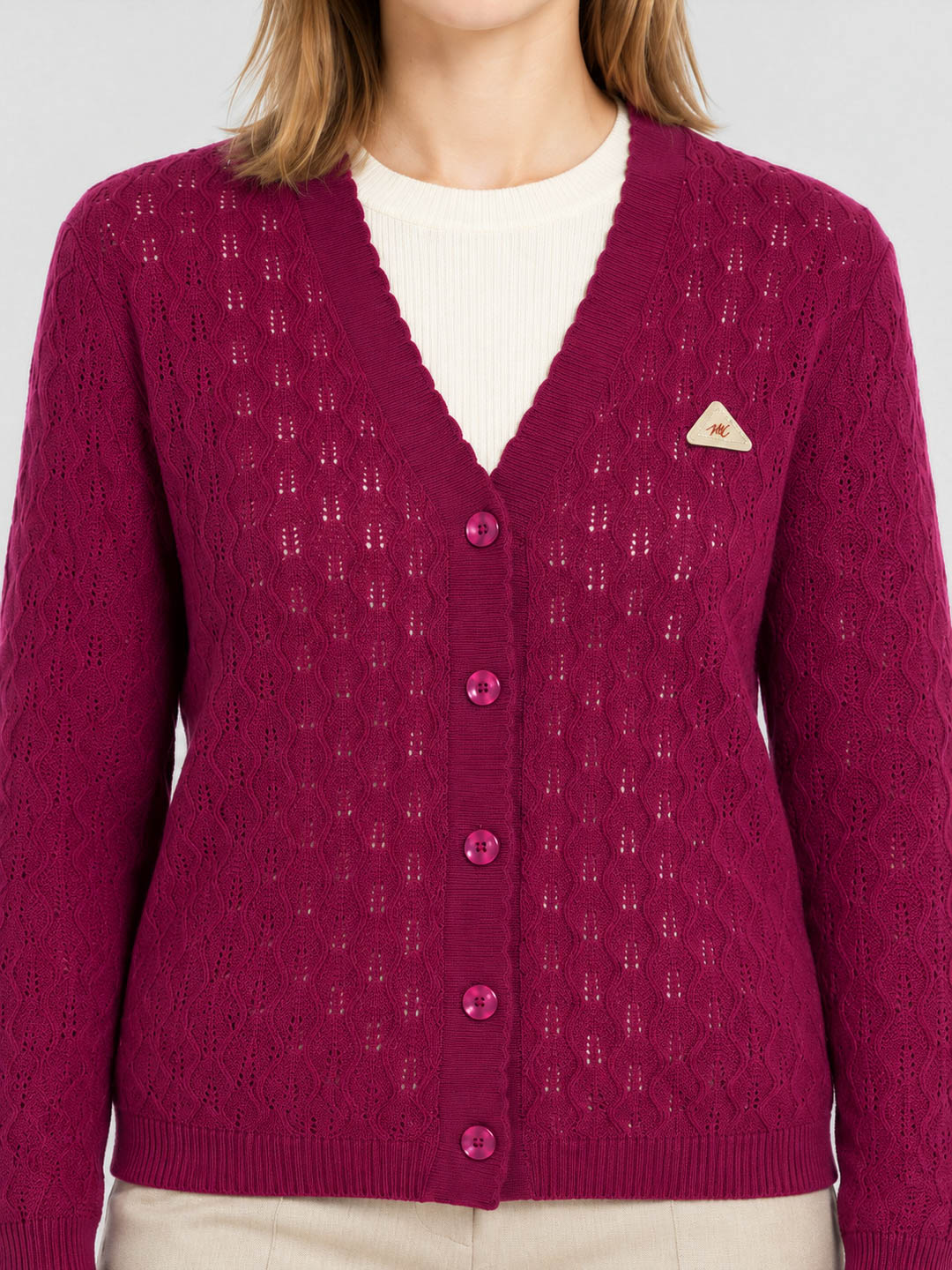 Women Magenta Self Design V Neck Full Sleeve Cardigan
