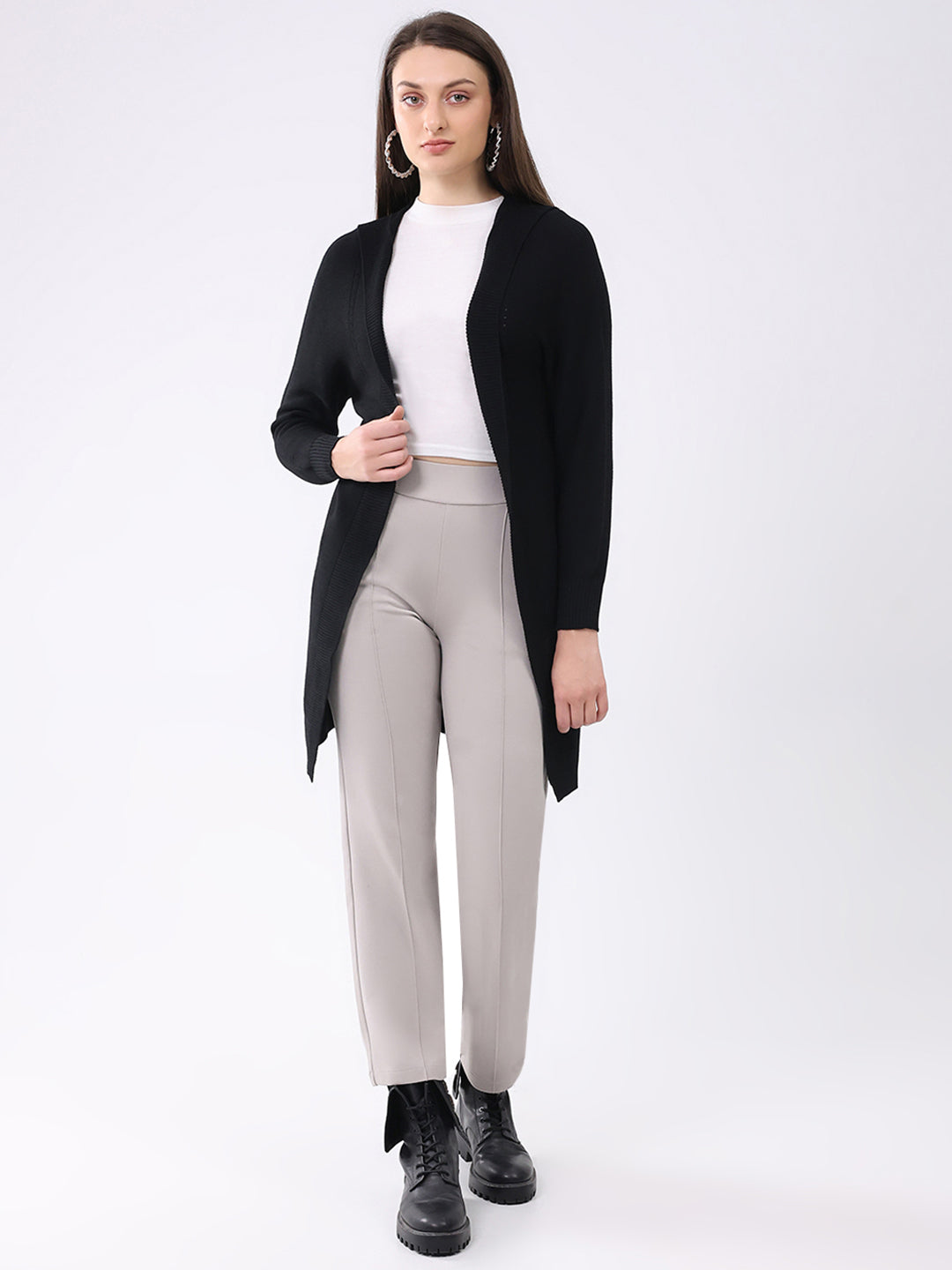 Women Black Solid Front Open Full Sleeve Cardigan