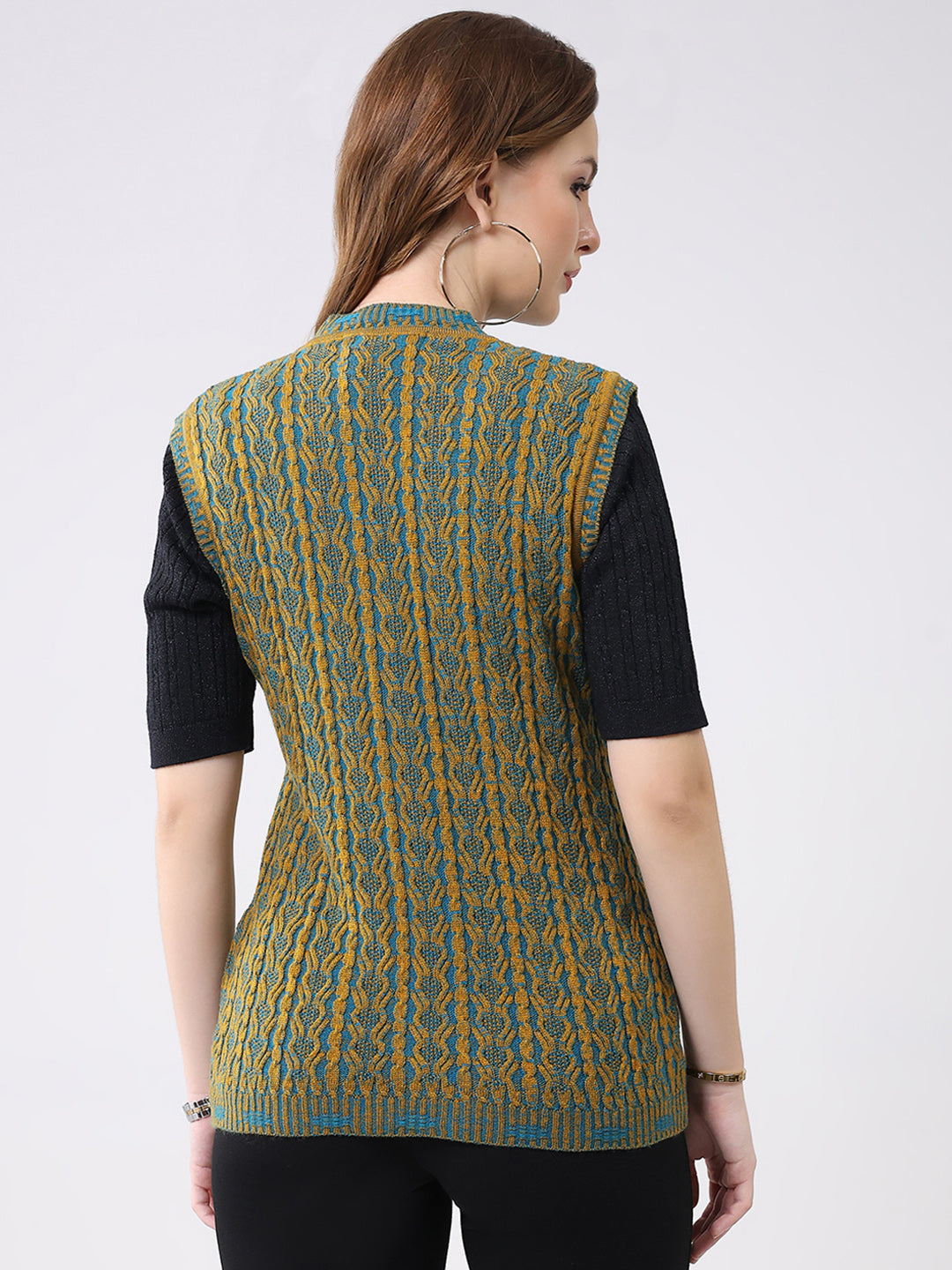 Women Mustard Self Design V Neck Sleeveless Cardigan