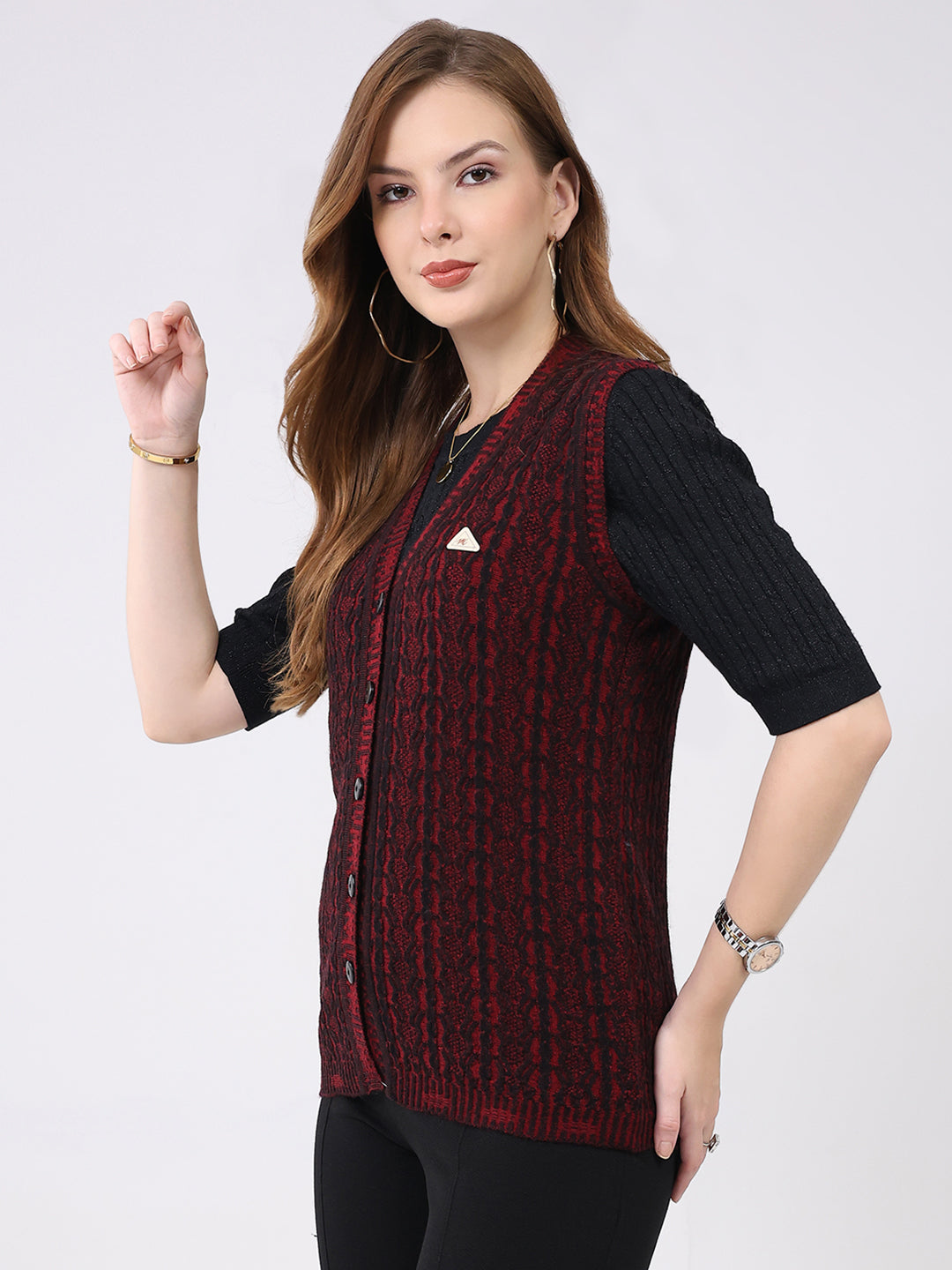 Women Maroon Self Design V Neck Sleeveless Cardigan