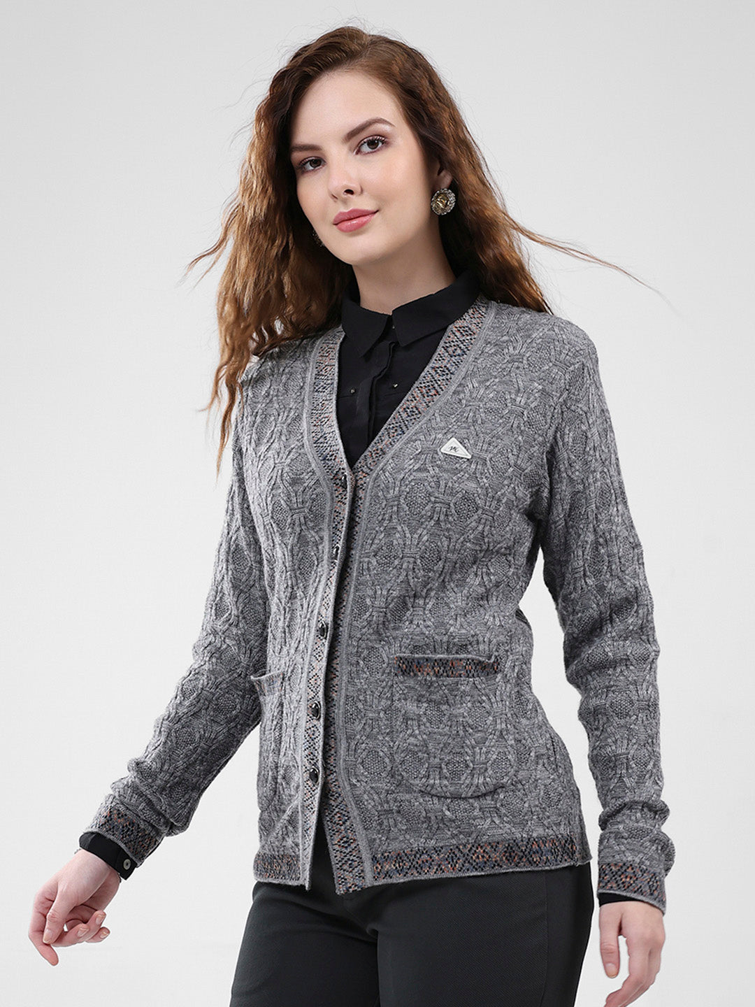 Women Grey Self Design V Neck Full Sleeve Cardigan
