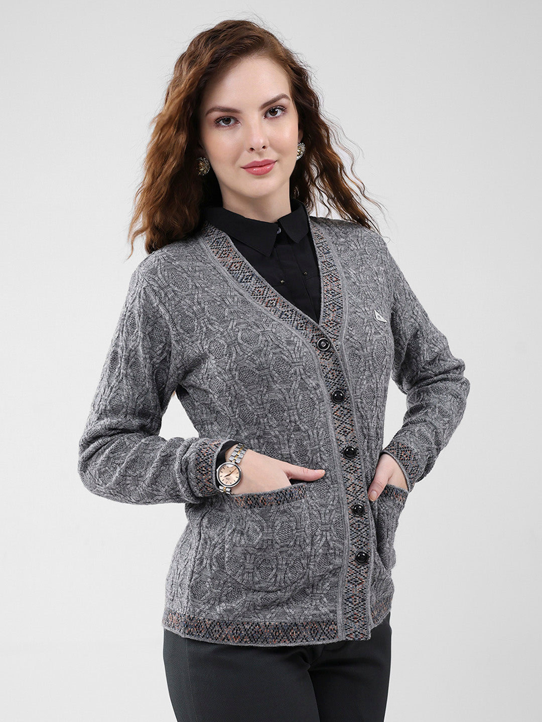Women Grey Self Design V Neck Full Sleeve Cardigan