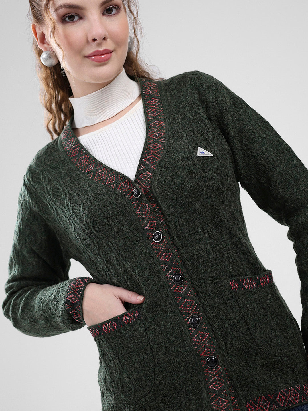 Women Green Self Design V Neck Full Sleeve Cardigan