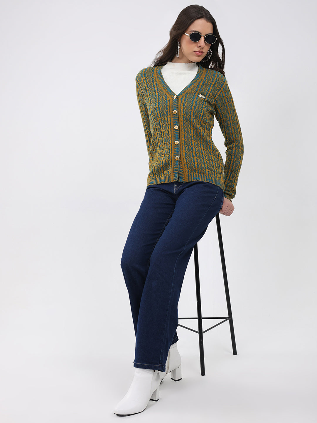 Women Mustard Self Design V Neck Full Sleeve Cardigan