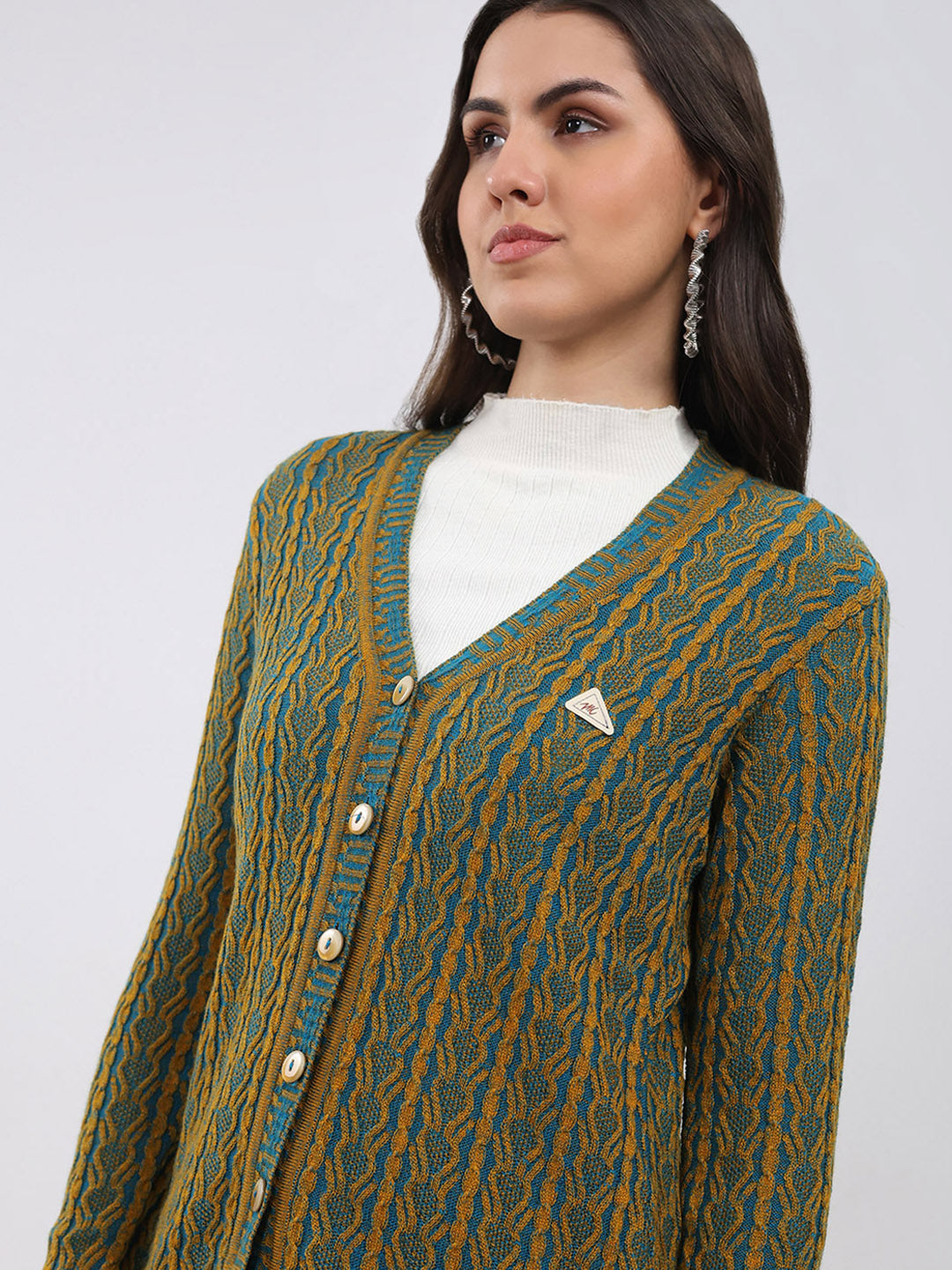 Women Mustard Self Design V Neck Full Sleeve Cardigan