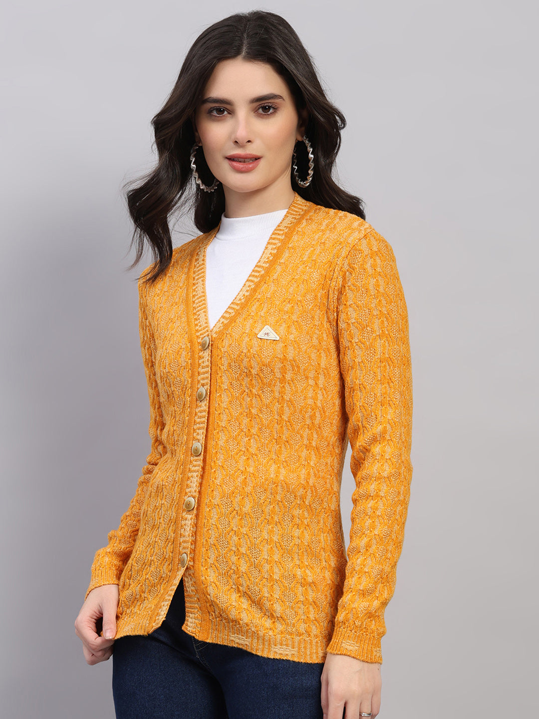 Women Golden Yellow Self Design V Neck Full Sleeve Cardigan