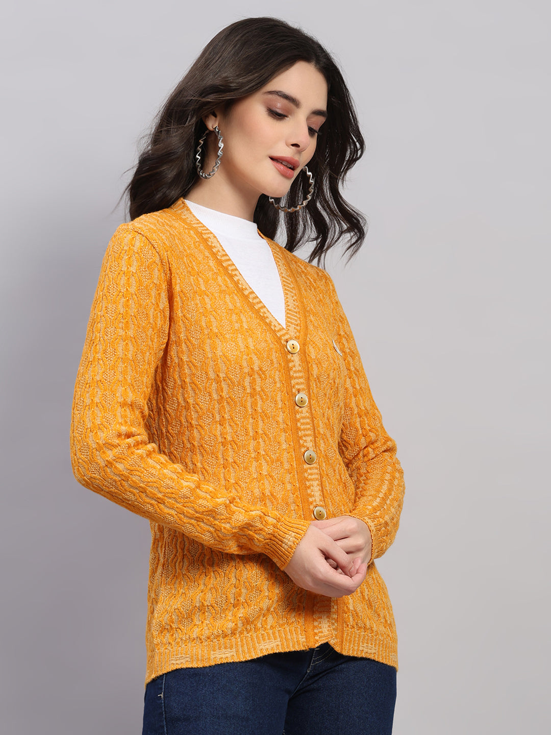 Women Golden Yellow Self Design V Neck Full Sleeve Cardigan