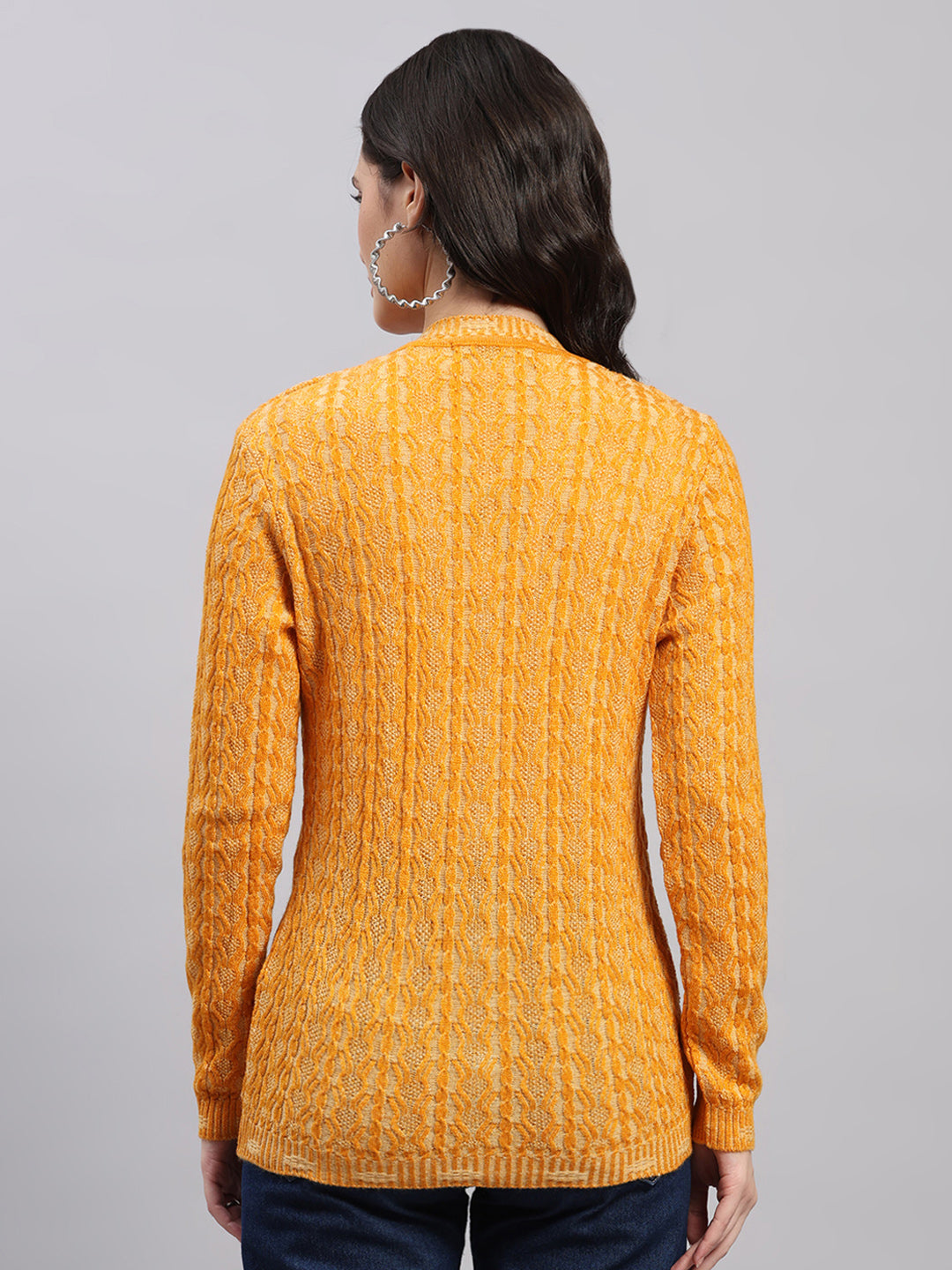 Women Golden Yellow Self Design V Neck Full Sleeve Cardigan