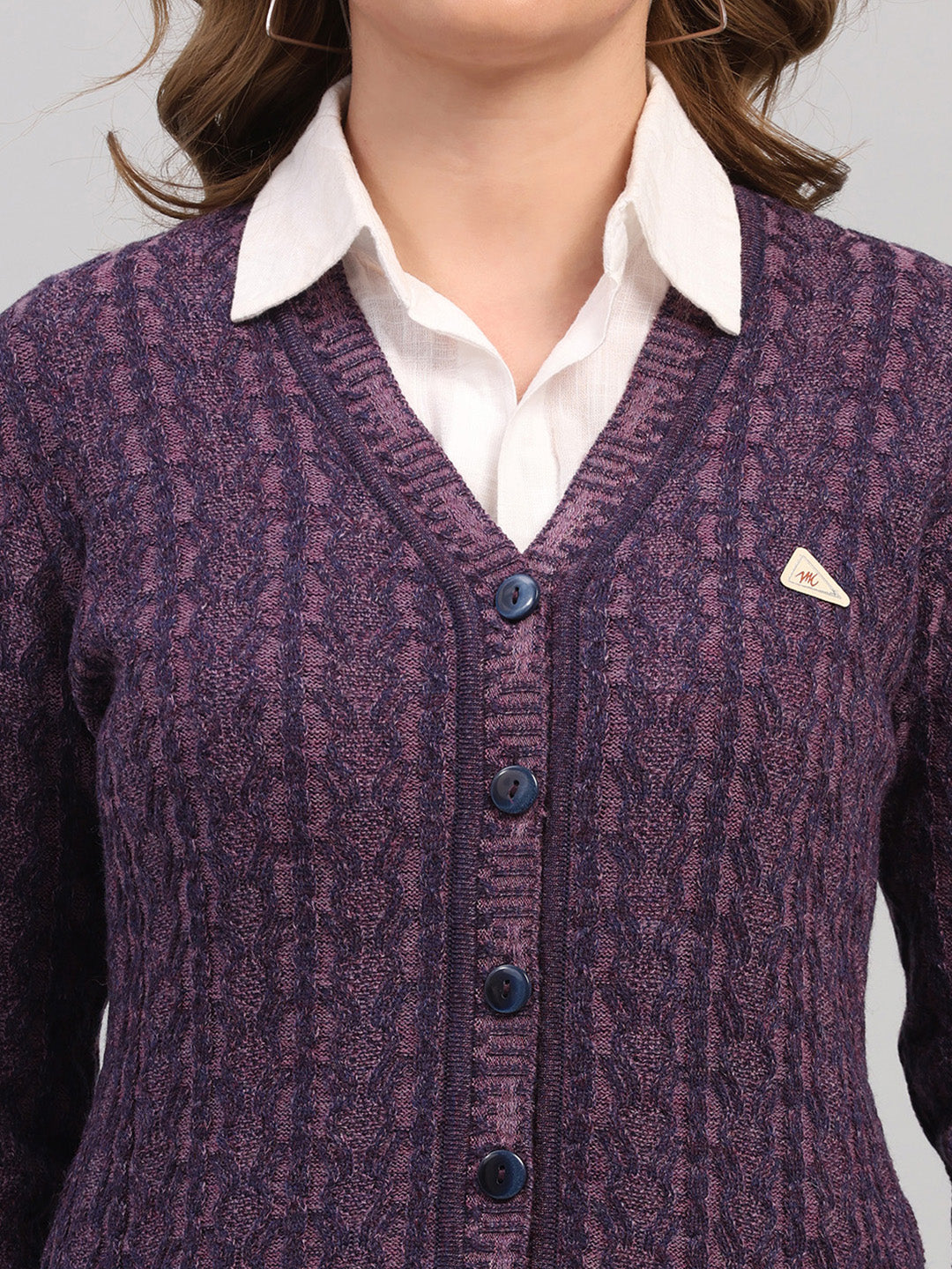 Women Purple Self Design V Neck Full Sleeve Cardigan
