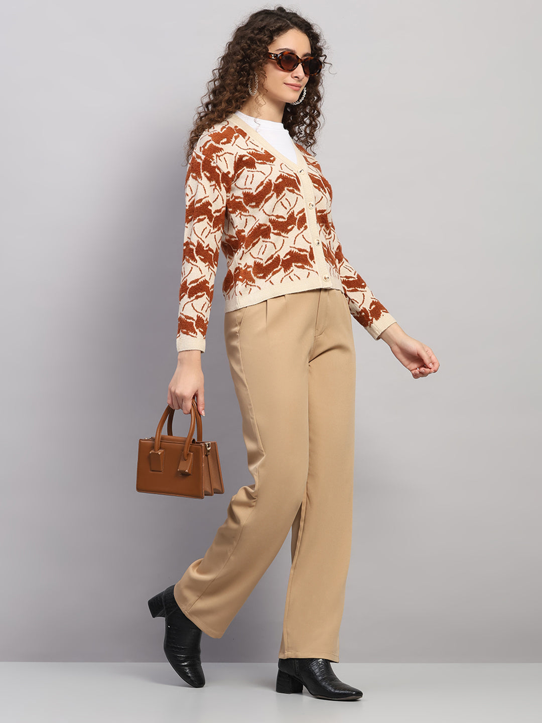Women Beige Jaquard V Neck Full Sleeve Cardigan