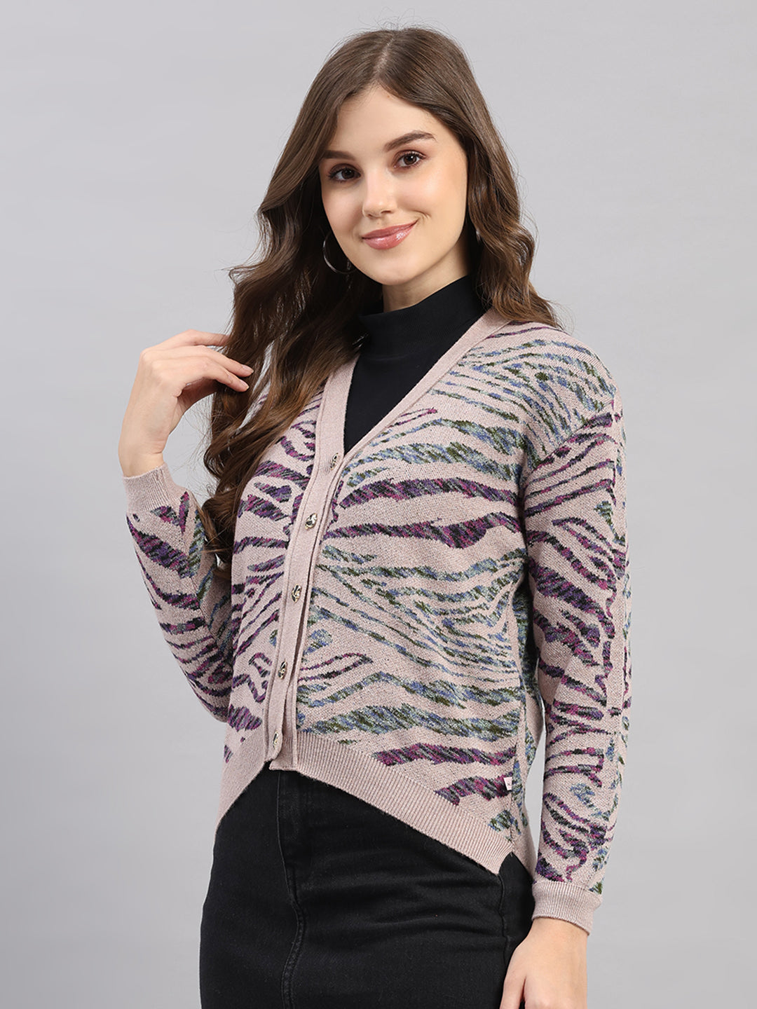 Women Pink Self Design V Neck Full Sleeve Cardigan