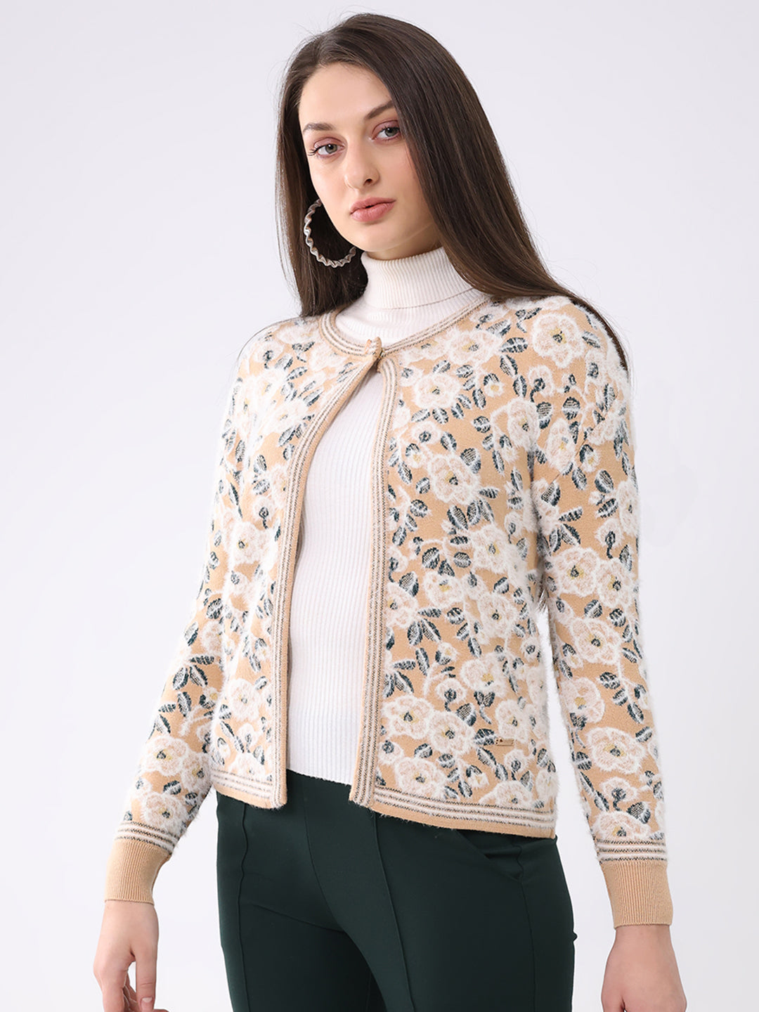 Women Beige Printed Round Neck Full Sleeve Cardigan