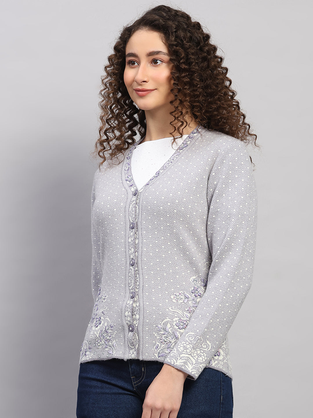 Women Grey Printed V Neck Full Sleeve Cardigan