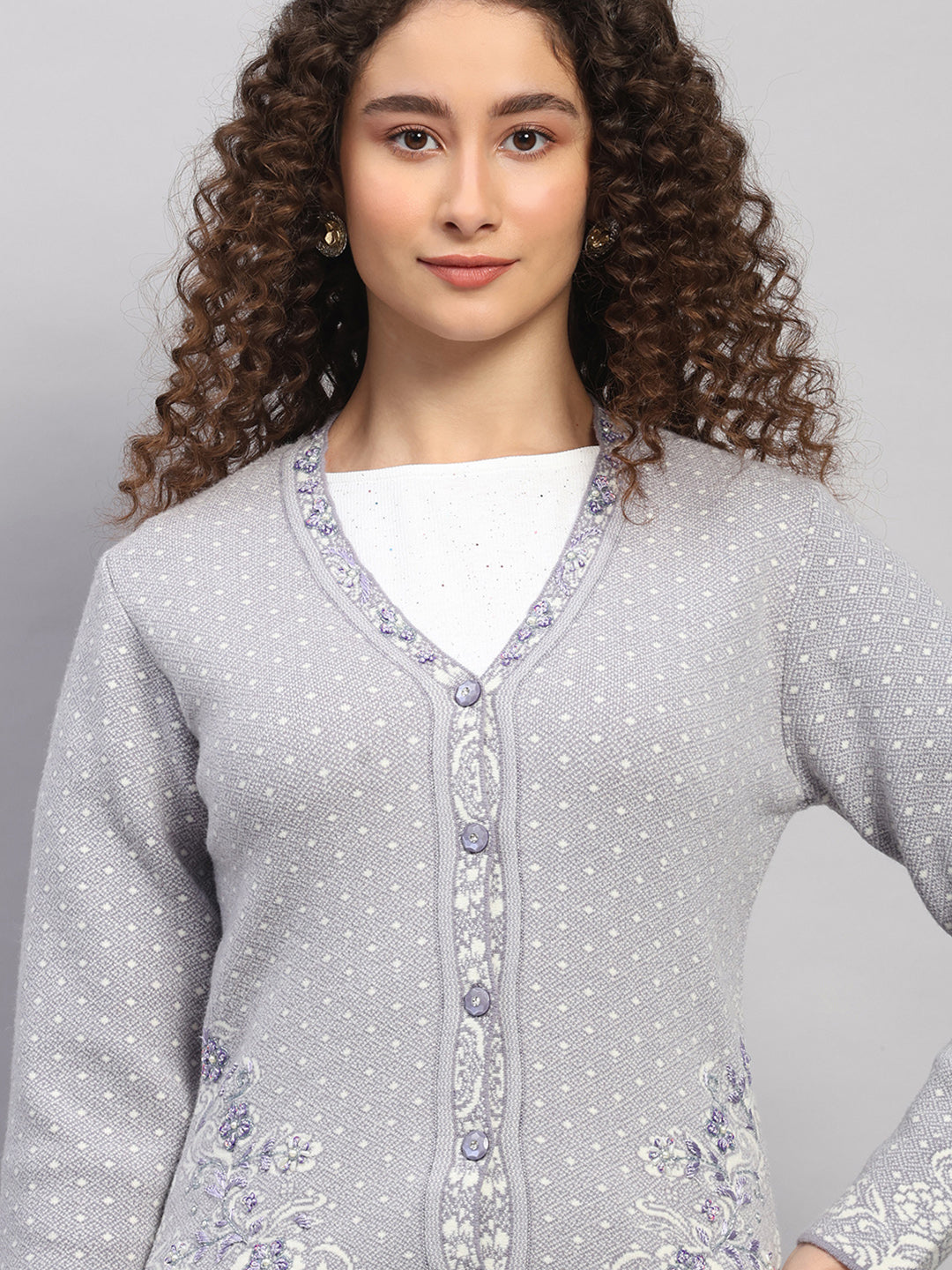 Women Grey Printed V Neck Full Sleeve Cardigan