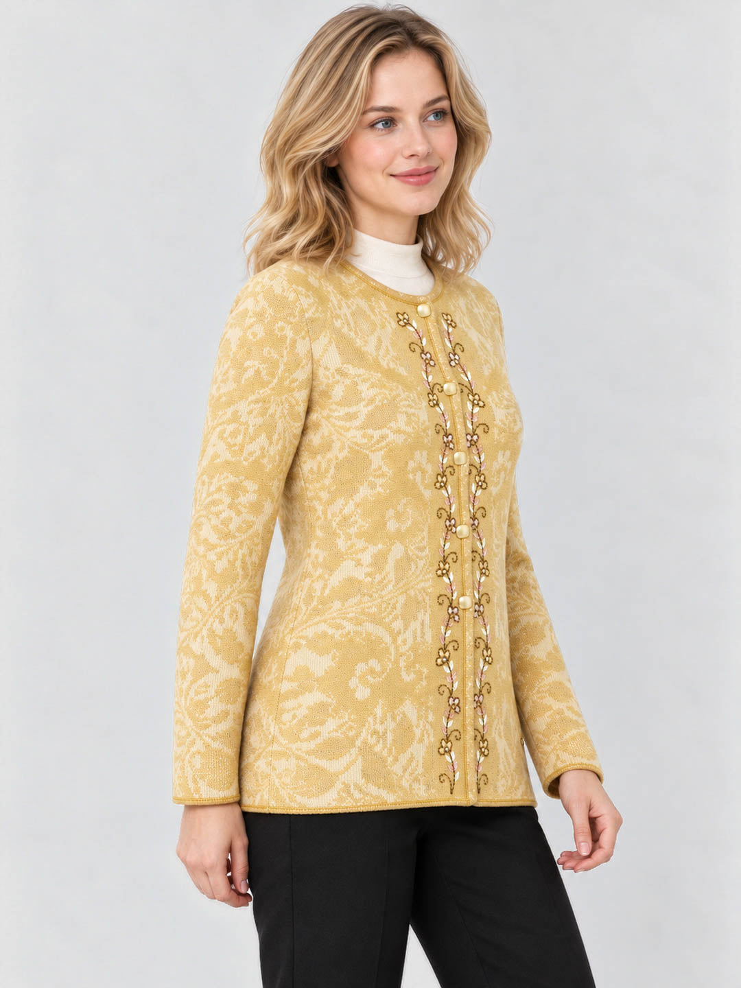 Women Yellow Designer Round Neck Full Sleeve Cardigan