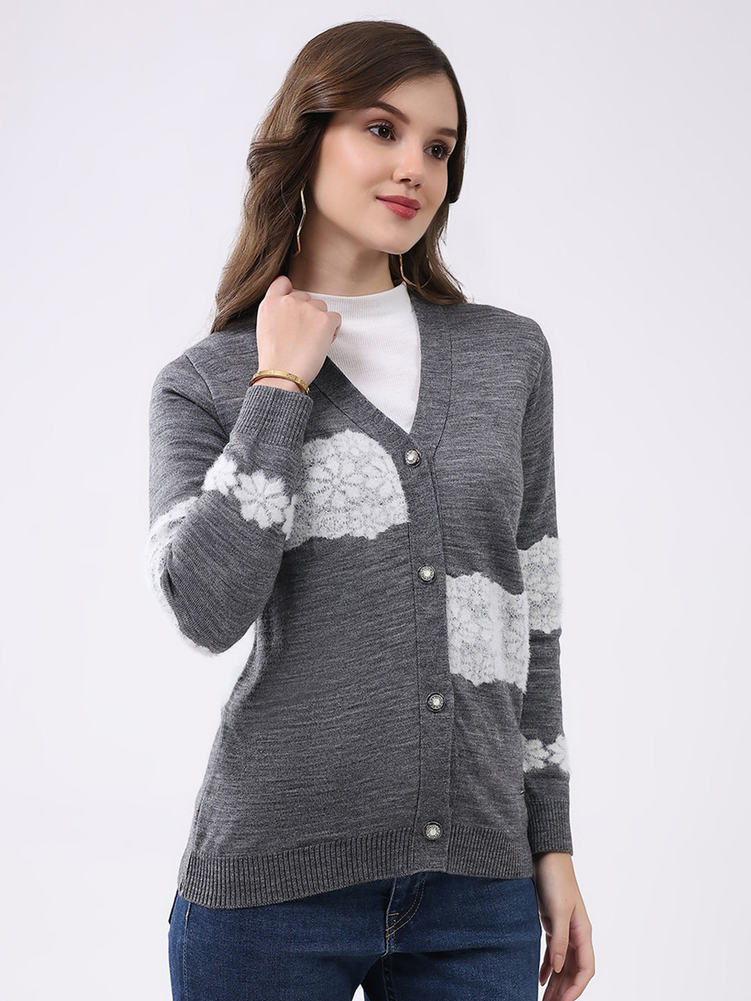 Women Grey Self Design V Neck Full Sleeve Cardigan