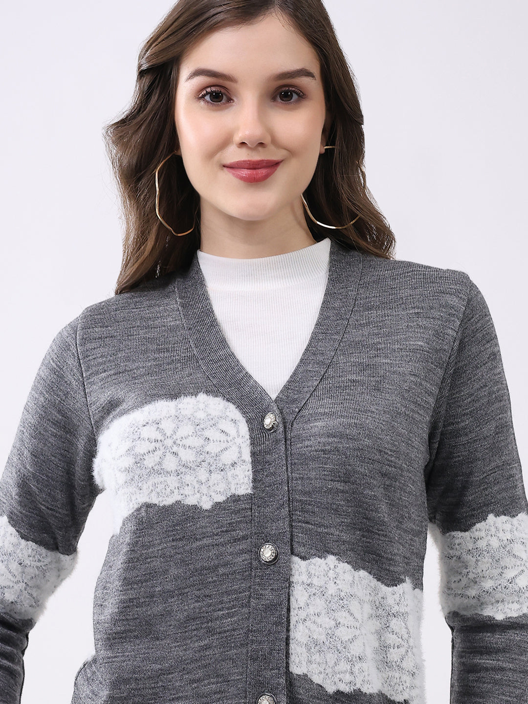 Women Grey Self Design V Neck Full Sleeve Cardigan