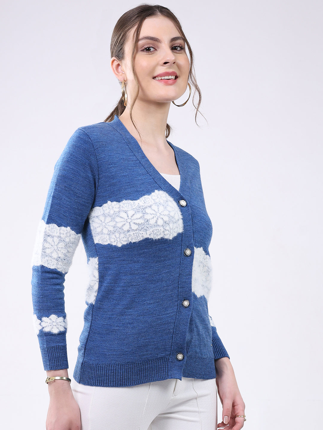 Women Blue Self Design V Neck Full Sleeve Cardigan