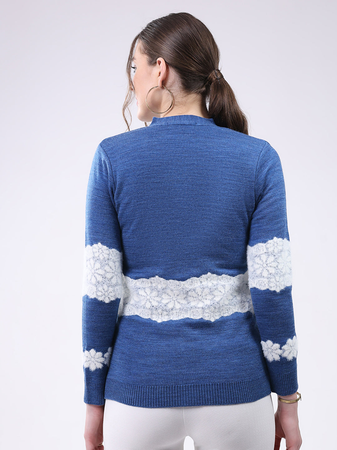 Women Blue Self Design V Neck Full Sleeve Cardigan