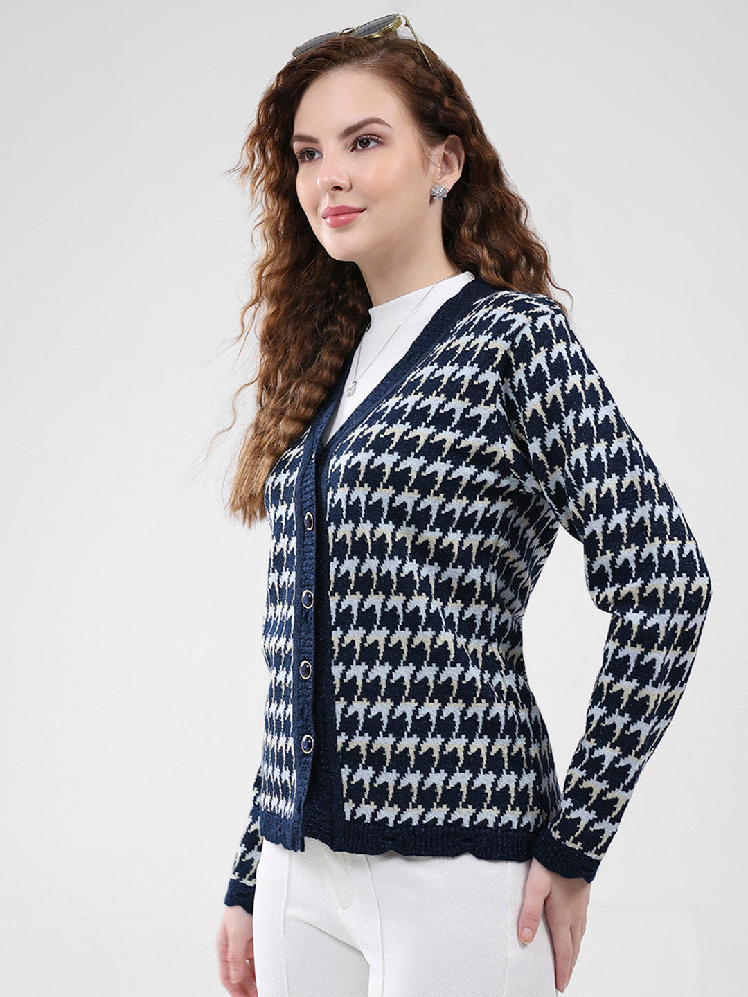 Women Navy Blue Self Design V Neck Full Sleeve Cardigan