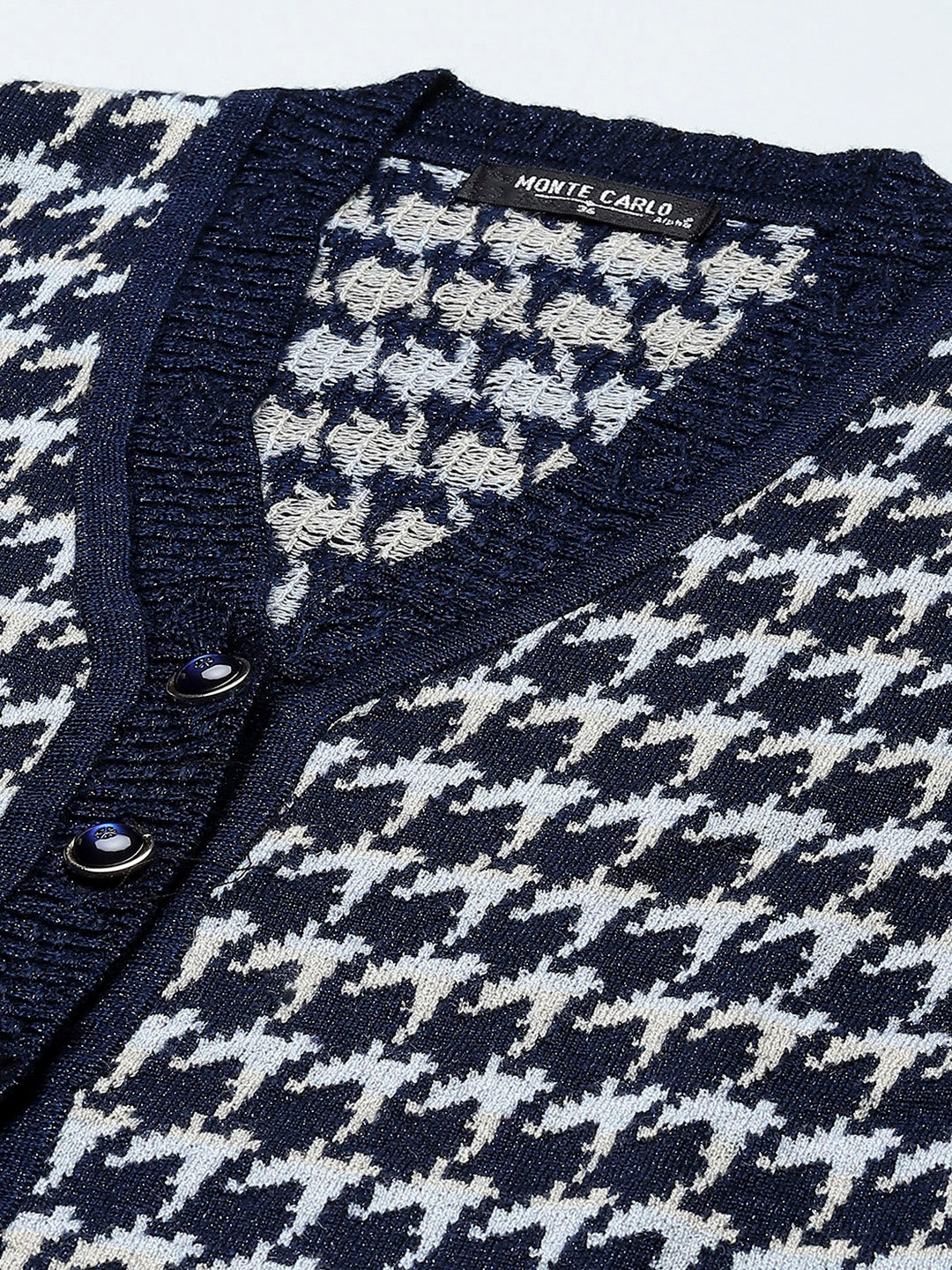 Women Navy Blue Self Design V Neck Full Sleeve Cardigan