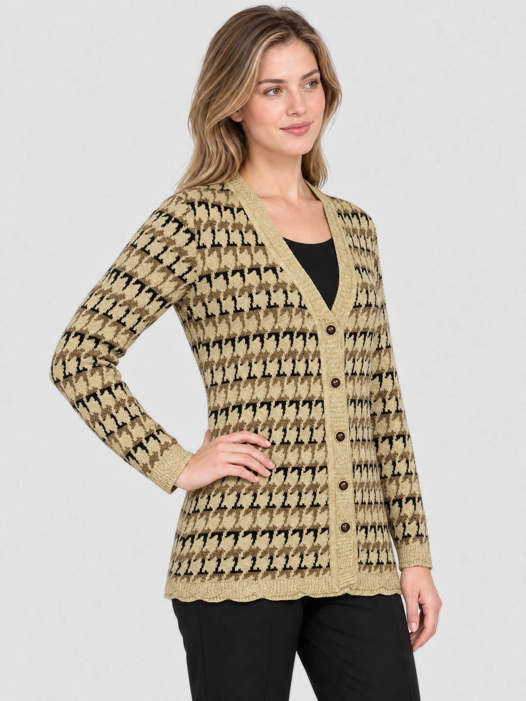 Women Beige Jacquard V Neck Full Sleeve Cardigan