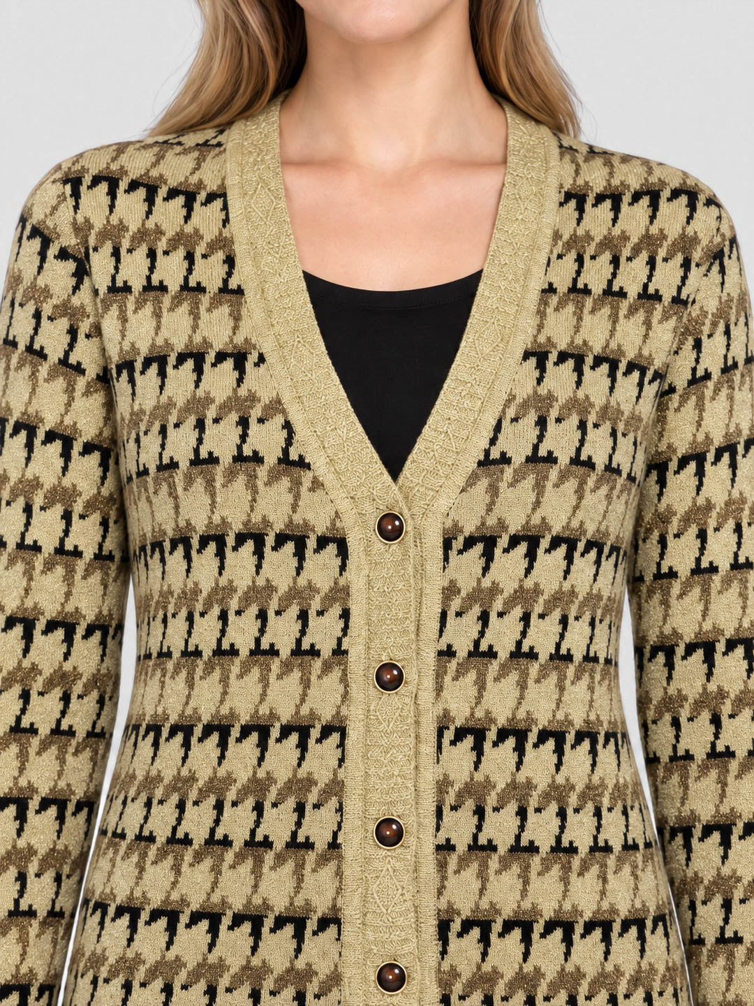 Women Beige Jacquard V Neck Full Sleeve Cardigan