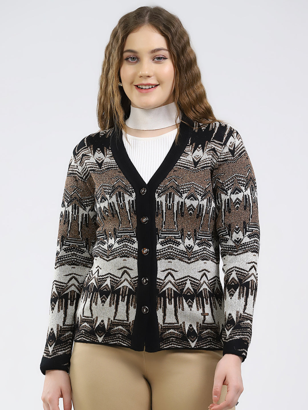 Women Black Printed V Neck Full Sleeve Cardigan