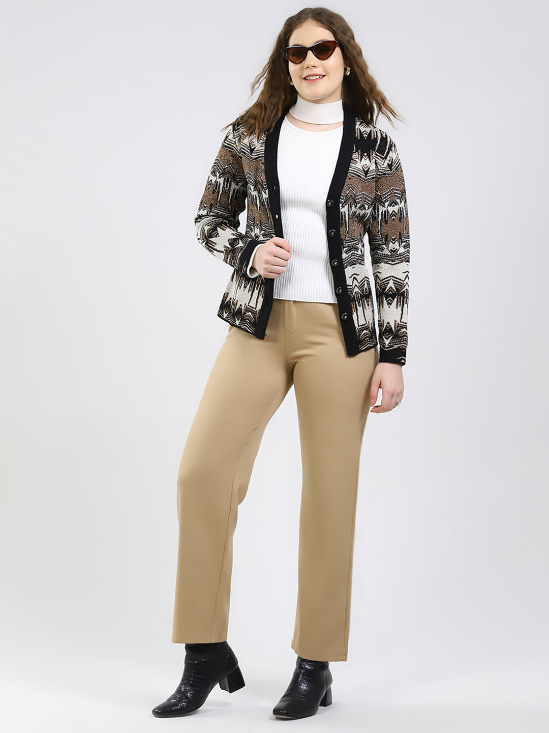 Women Black Printed V Neck Full Sleeve Cardigan