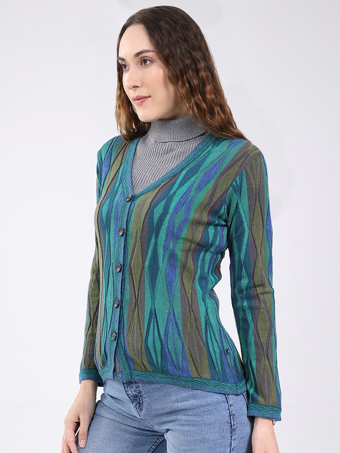 Women Green Printed V Neck Full Sleeve Cardigan