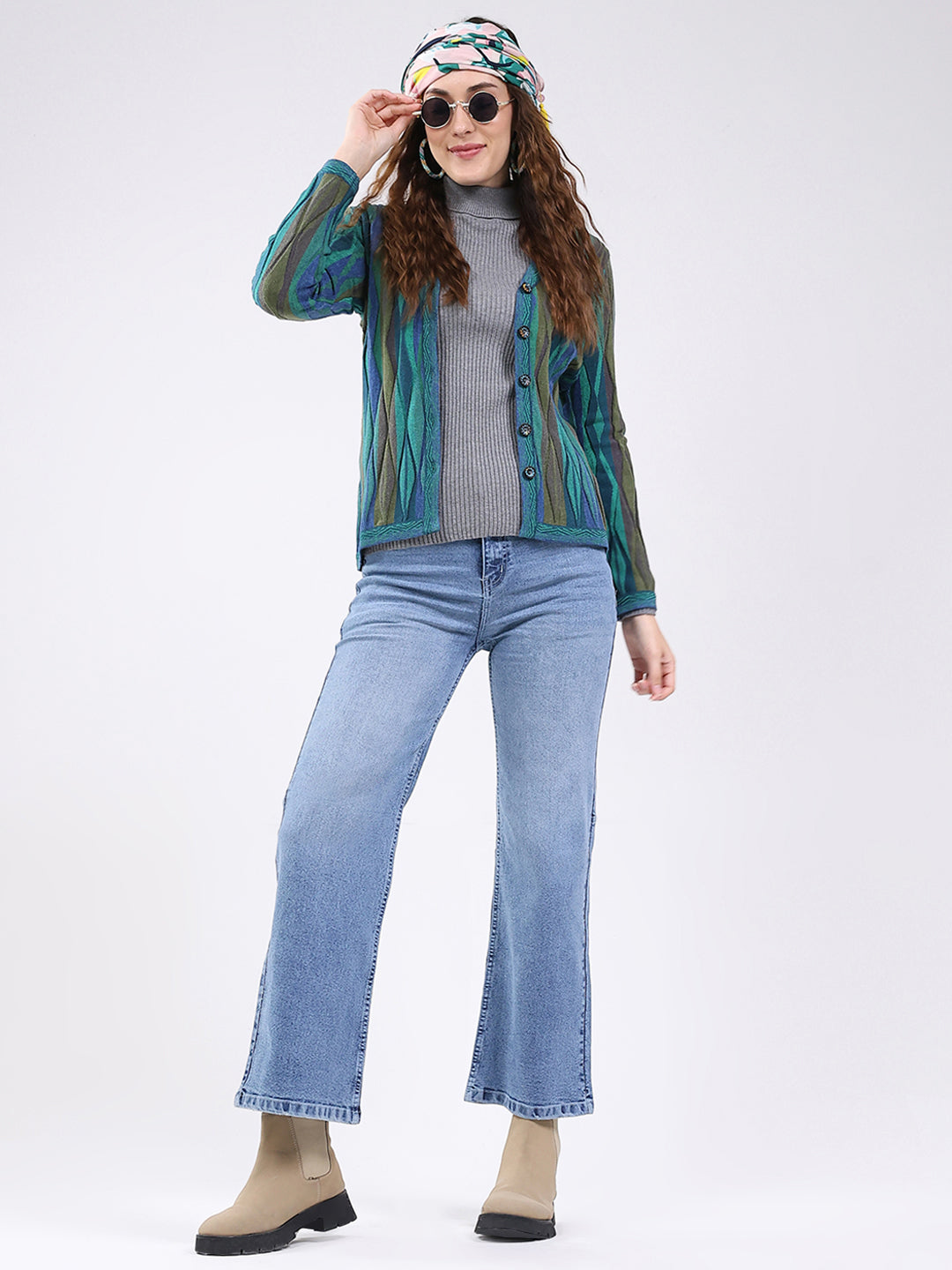 Women Green Printed V Neck Full Sleeve Cardigan