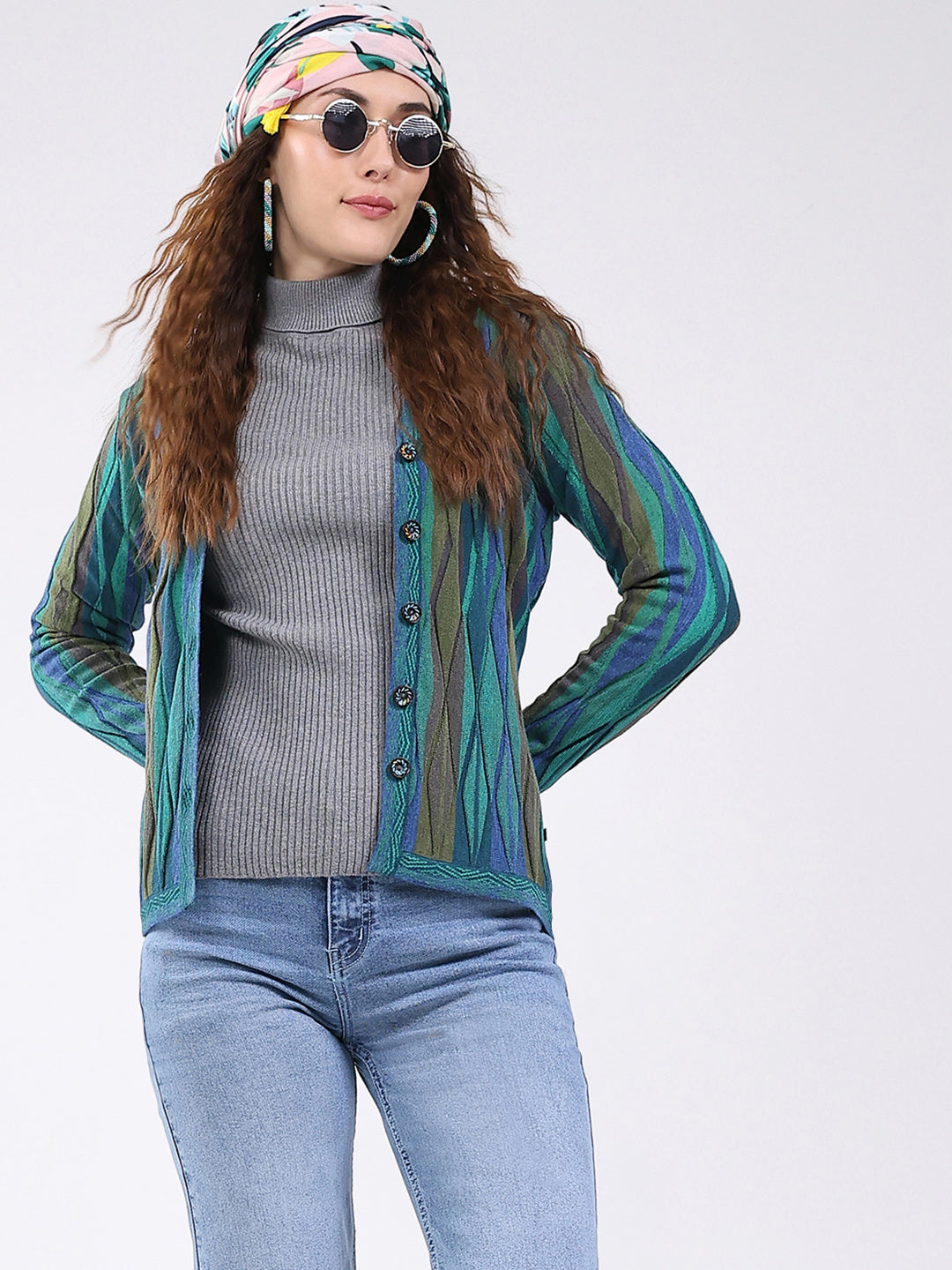 Women Green Printed V Neck Full Sleeve Cardigan