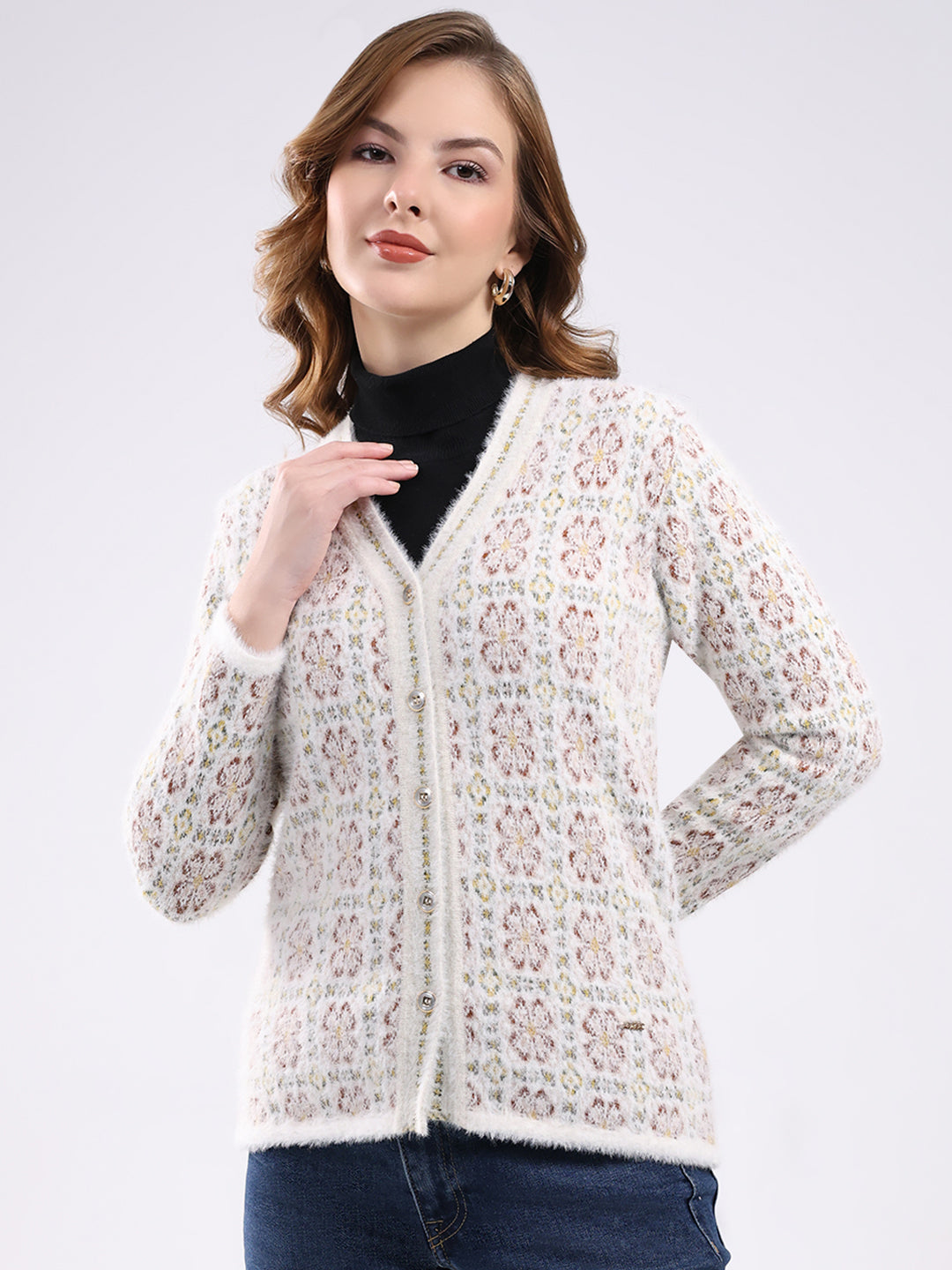 Women White Self Design V Neck Full Sleeve Cardigan