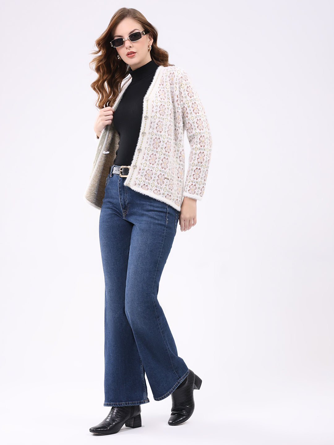 Women White Self Design V Neck Full Sleeve Cardigan