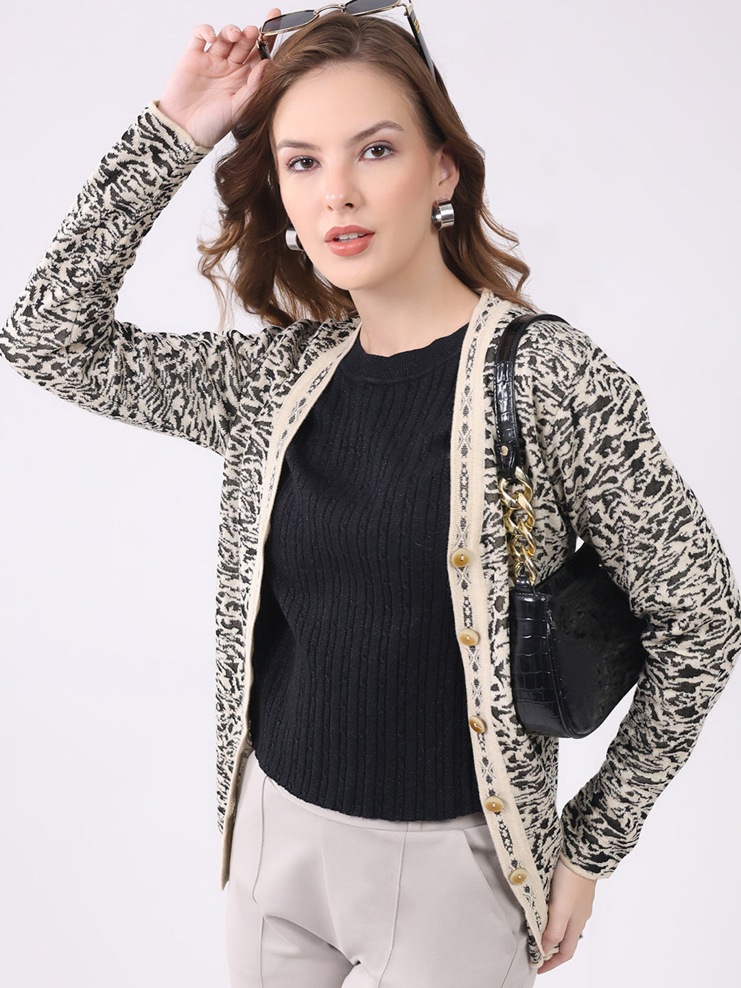 Women Black Self Design V Neck Full Sleeve Cardigan