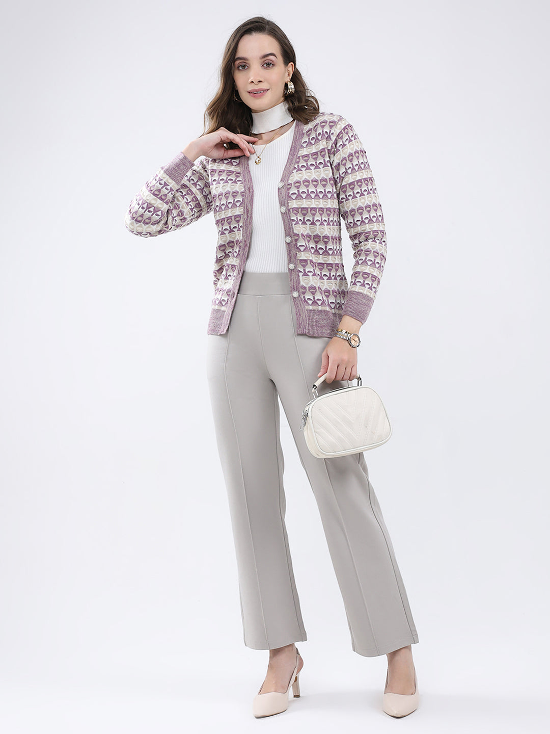 Women Multicolor Self Design V Neck Full Sleeve Cardigan