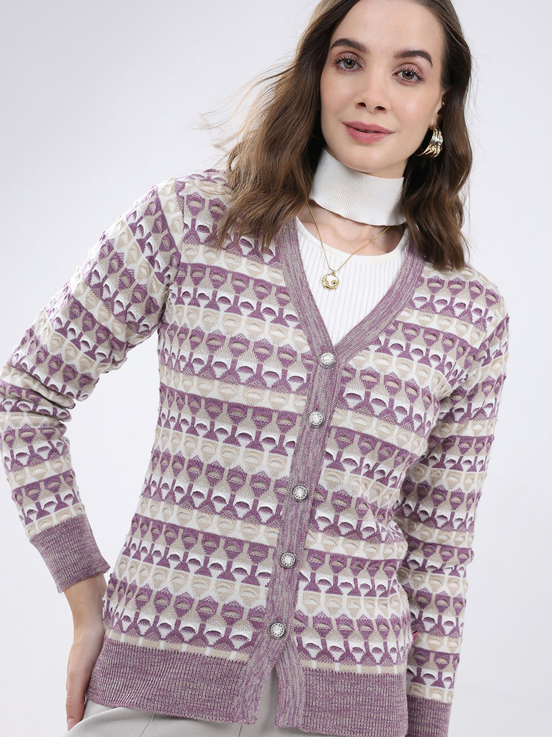 Women Multicolor Self Design V Neck Full Sleeve Cardigan