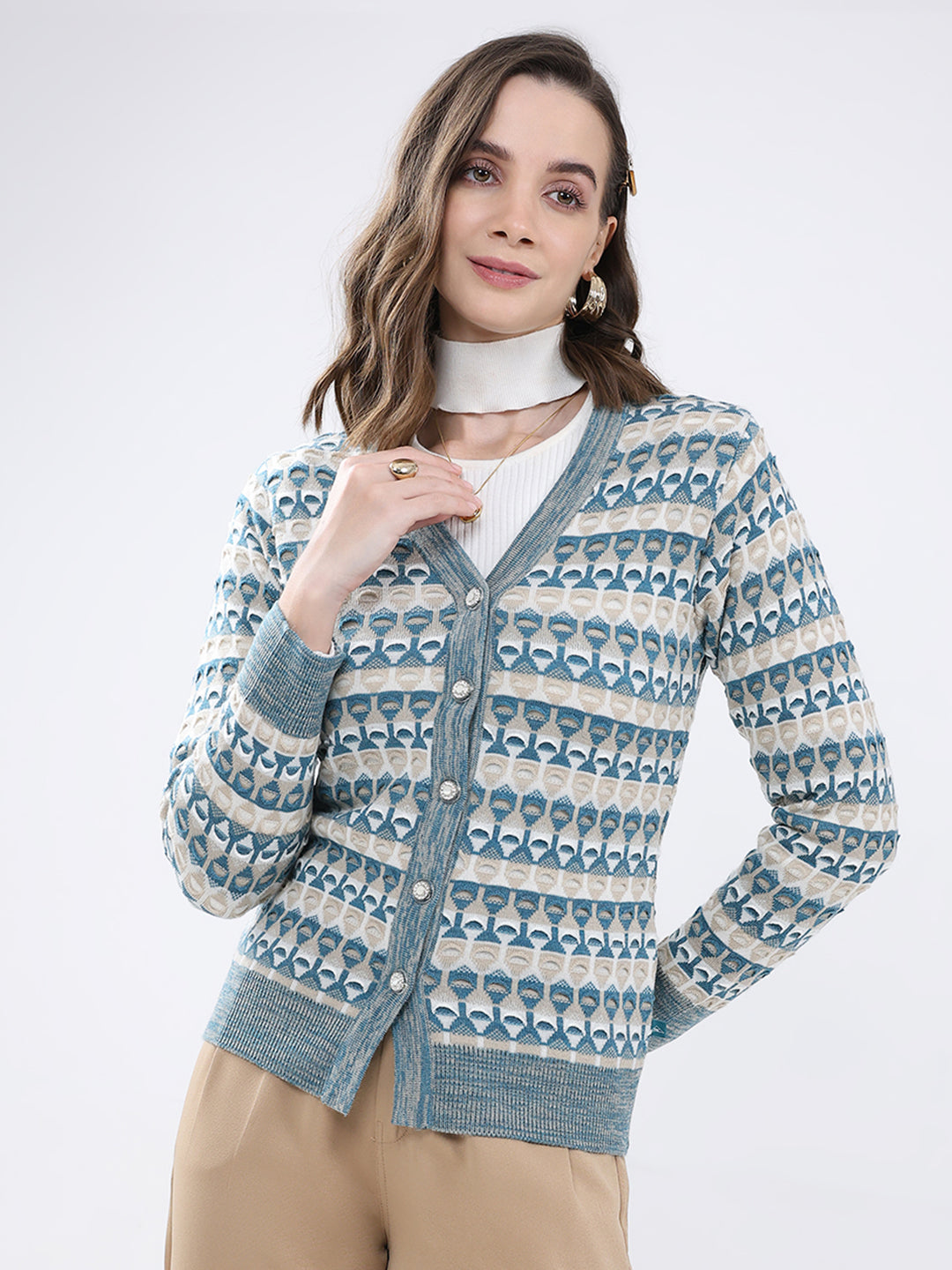 Women Multicolor Self Design V Neck Full Sleeve Cardigan