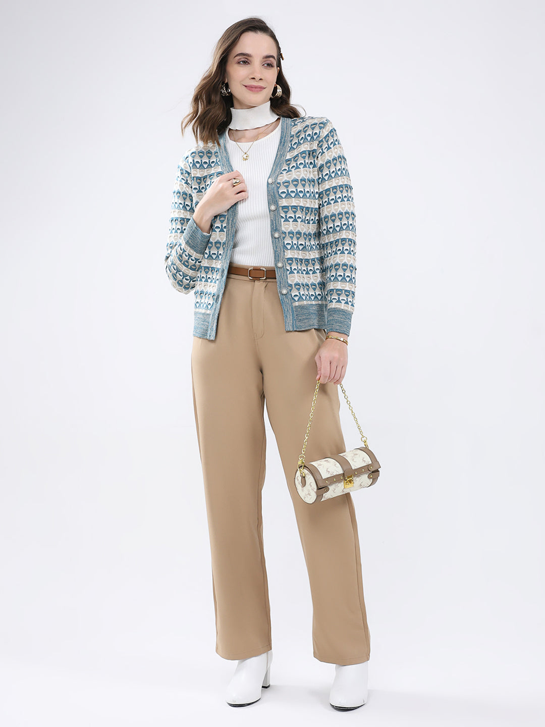 Women Multicolor Self Design V Neck Full Sleeve Cardigan