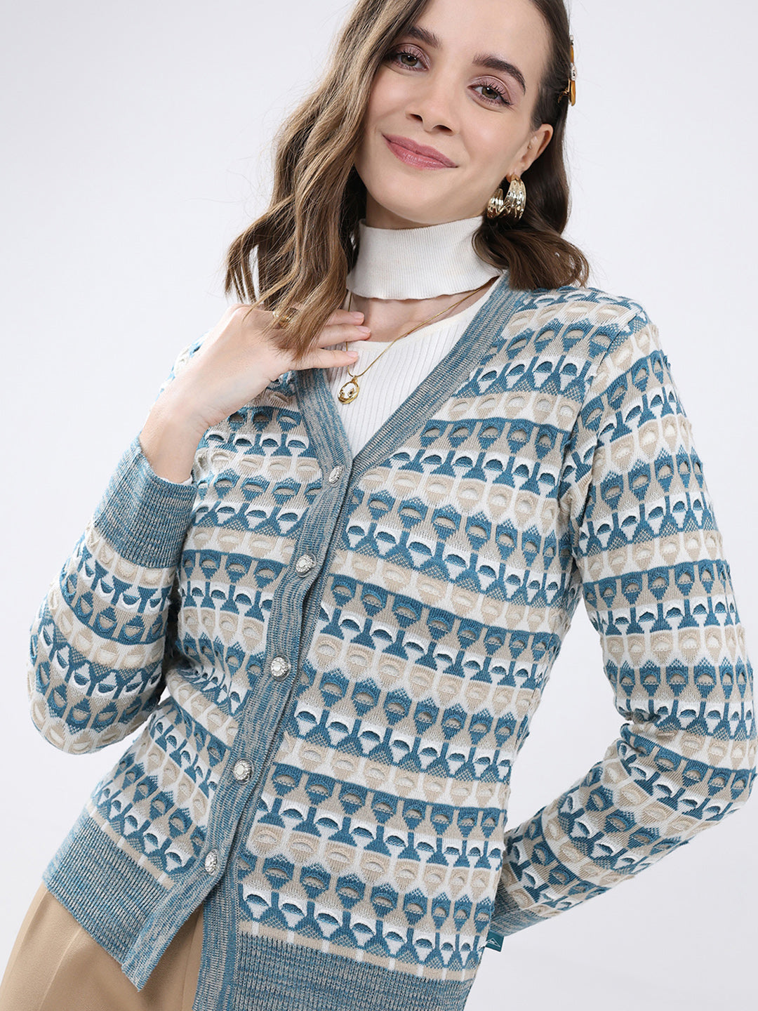 Women Multicolor Self Design V Neck Full Sleeve Cardigan