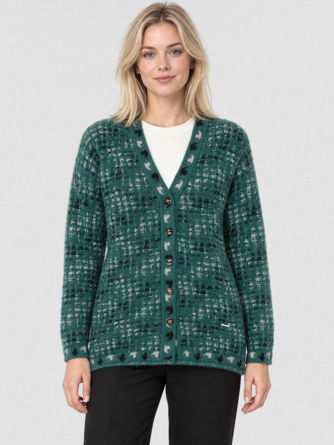 Women Teal Blue Jacquard V Neck Full Sleeve Cardigan