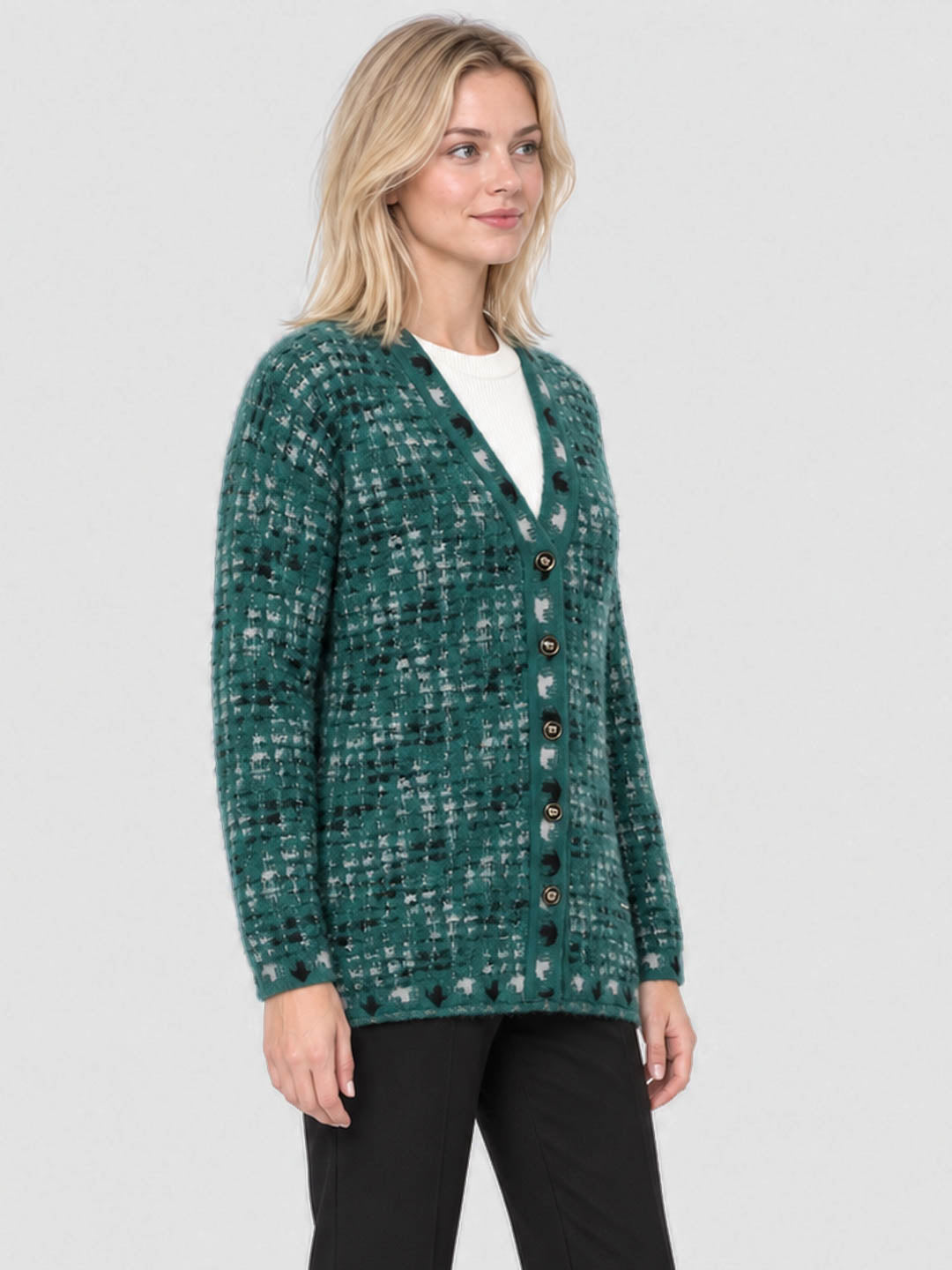 Women Teal Blue Jacquard V Neck Full Sleeve Cardigan