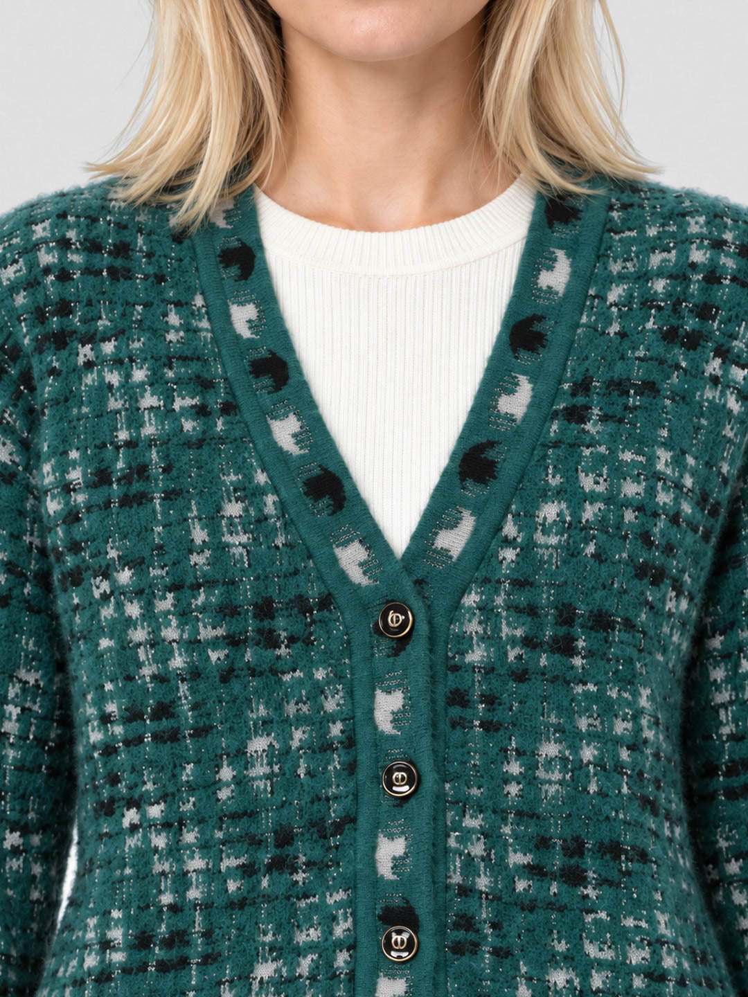 Women Teal Blue Jacquard V Neck Full Sleeve Cardigan